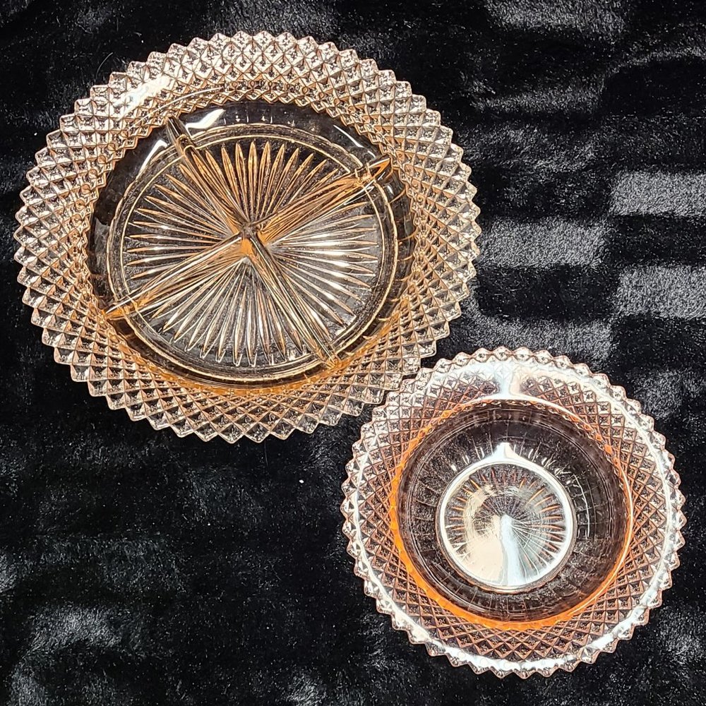 1930's Pink Depression Glass Relish Tray and Bowl